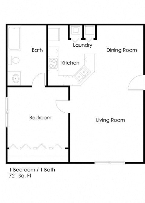 Floor plan for 1 bed, 1 bath, 721 sqft
